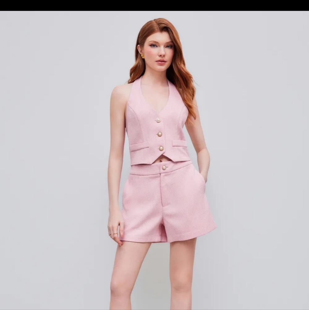 Cider Woven Halter Pearl Button Crop Vest